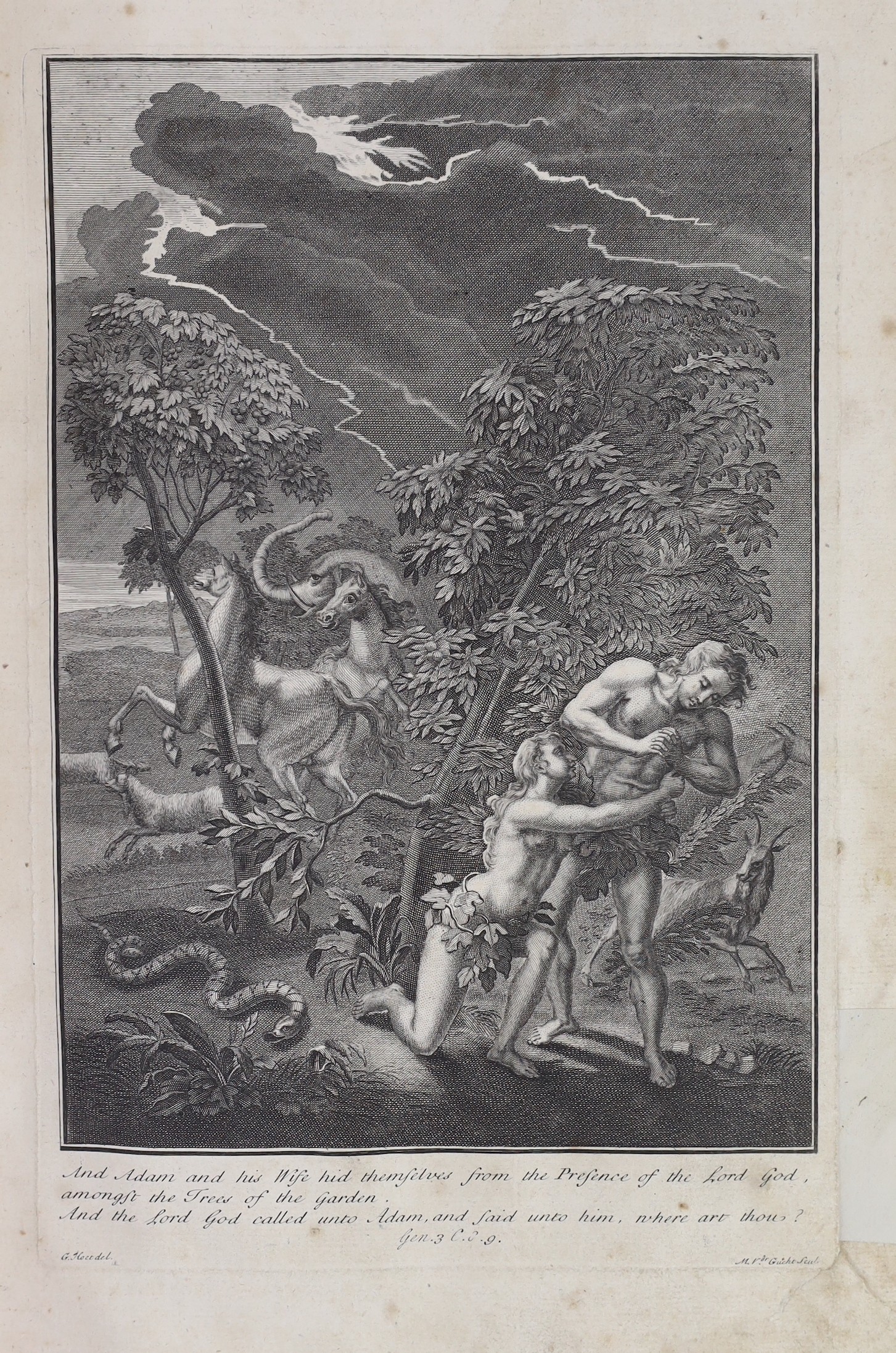 Holy Bible - Biblia dat is De gantsche H. Schrifture ... pictorial engraved title, d-page maps and a plan, engraved plates (with multi images): old leather with panelled spine, folio. Dordrecht & Amsterdam, 1686